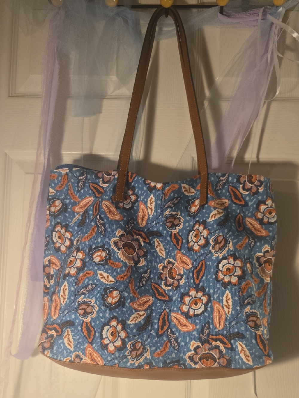 Sonoma Blue Floral Tote with Brown Handles